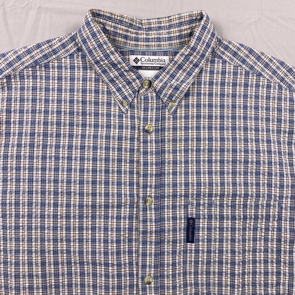 Columbia Sportswear Plaid Button Down Shirt Mens XL Blue Orange Short Sleeve